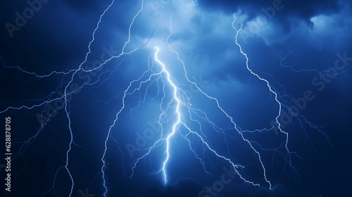 Severely lightning thundering.Thunderstorm lightning on a dark blue background. 