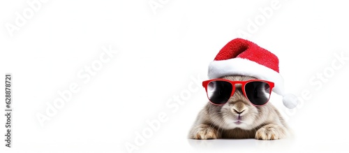 Rabbit with sunglasses and Santa Claus hat, white background, space for text, Christmas holiday. Generative AI