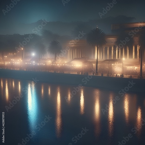 Step back in time with this captivating image showcasing the bustling streets of ancient Egypt at night. In this visually striking composition, witness a vibrant marketplace illuminated by lanterns an