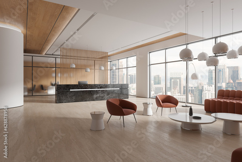 Canvas Print Cozy office interior with reception desk and relax corner with panoramic window