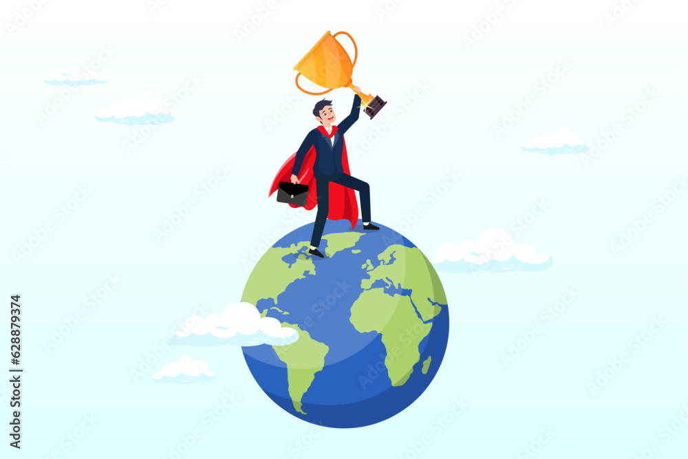 Businessman superhero with award prize trophy winner on planet earth, business worldwide winner, achievement, victory or international success, win global competition, globalization business (Vector) Businessman superhero with award prize trophy winner on planet earth, business worldwide winner, achievement, victory or international success, win global competition, globalization business (Vector)
