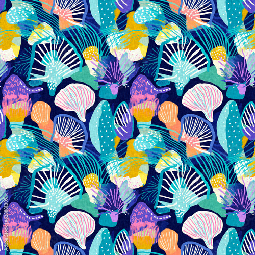  Seamless blue red underwater shell clam repeat background. Tropical modern seashell coastal pattern clash fabric coral reef print for summer beach textile designs with a linen cotton effect.