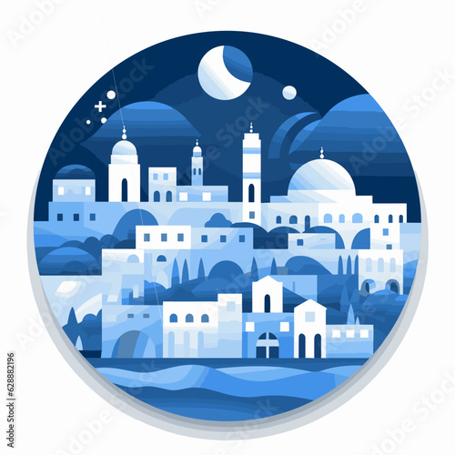 A flat vector illustration, artistically portraying the city of Jerusalem. 