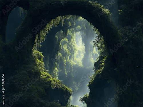 Natural landscape Tree tunnel in a mysterious dense forest Created with Generative AI technology.