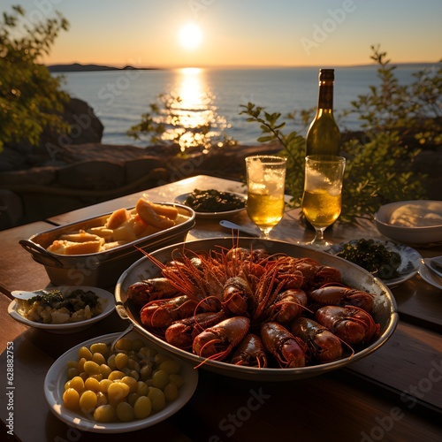 Lobsters in the background of a beautiful sunset of the Croatian coastal landscape 