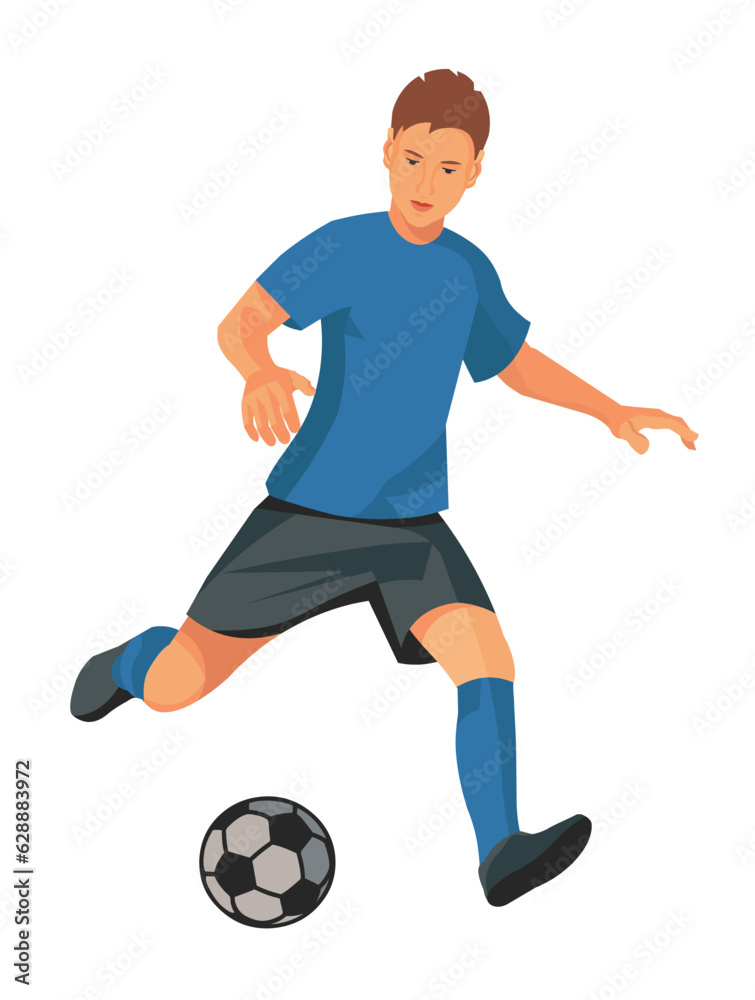 Figure of a playing football boy in blue uniform running and dribbling at the championship