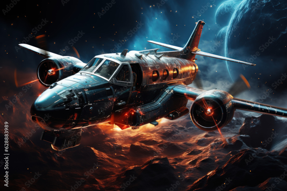 small plane flying in space with stars
small plane flying in space with stars