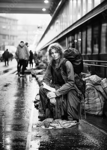 Homeless can affect anyone, stranded in the city, finding new perspectives, no home, terminal at the train station, beautiful woman on the street, black and white, generative ai