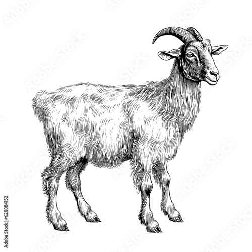 Domestic goat with horns, farm livestock, hand drawn ink illustration, black and white engraving drawing, png created with generative AI photo