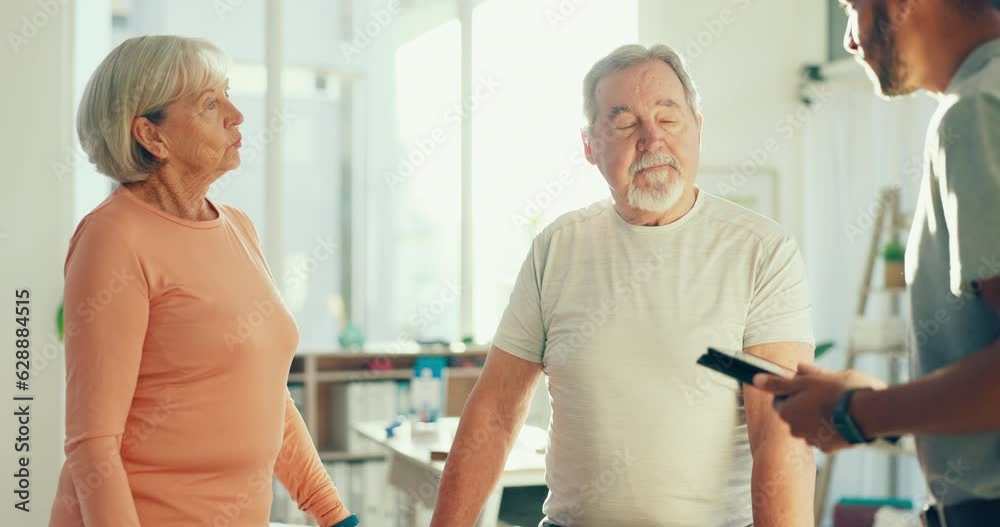Physiotherapy, handshake and man with senior couple greeting for medical care, consulting and wellness. Chiropractor with man and woman on tablet for physical therapy, rehabilitation and healthcare Physiotherapy, handshake and man with senior couple greeting for medical care, consulting and wellness. Chiropractor with man and woman on tablet for physical therapy, rehabilitation and healthcare