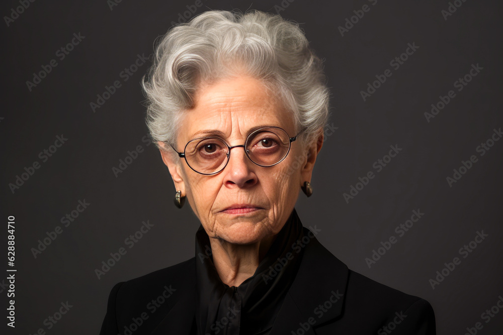 Engaging portrait of a mature businesswoman in black suit exuding authority and ambition with her stern expression.. Generative AI Engaging portrait of a mature businesswoman in black suit exuding authority and ambition with her stern expression.. Generative AI