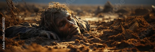 Climate fugitive, man lying on dry earth, created with generative ai
