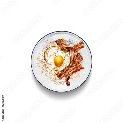 Realistic illustration of Bacon Silog: a delightful Filipino breakfast dish that combines crispy and savory bacon with garlic fried rice (sinangag) and a sunny-side-up egg (itlog). photo