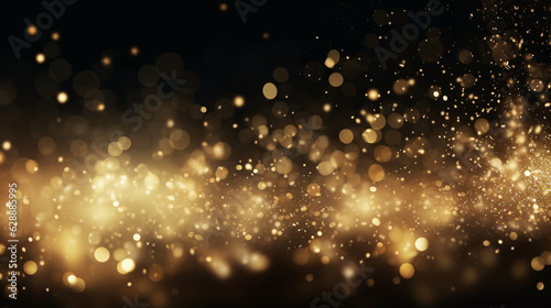 Gold particles float in the air on a festive and celebratory black background. © Arma Design