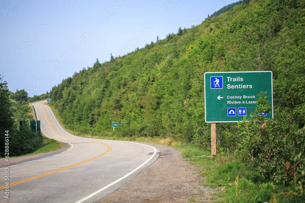Tourist Information Display Board and Banners at the Corney Brook Trail head. Cabot Trail is world famous tourist place for trekking and hiking. CAPE BRETON,  NOVA SCOTIA, CANADA 