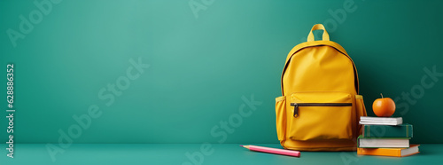 yellow school bag with books on green background, generative ai