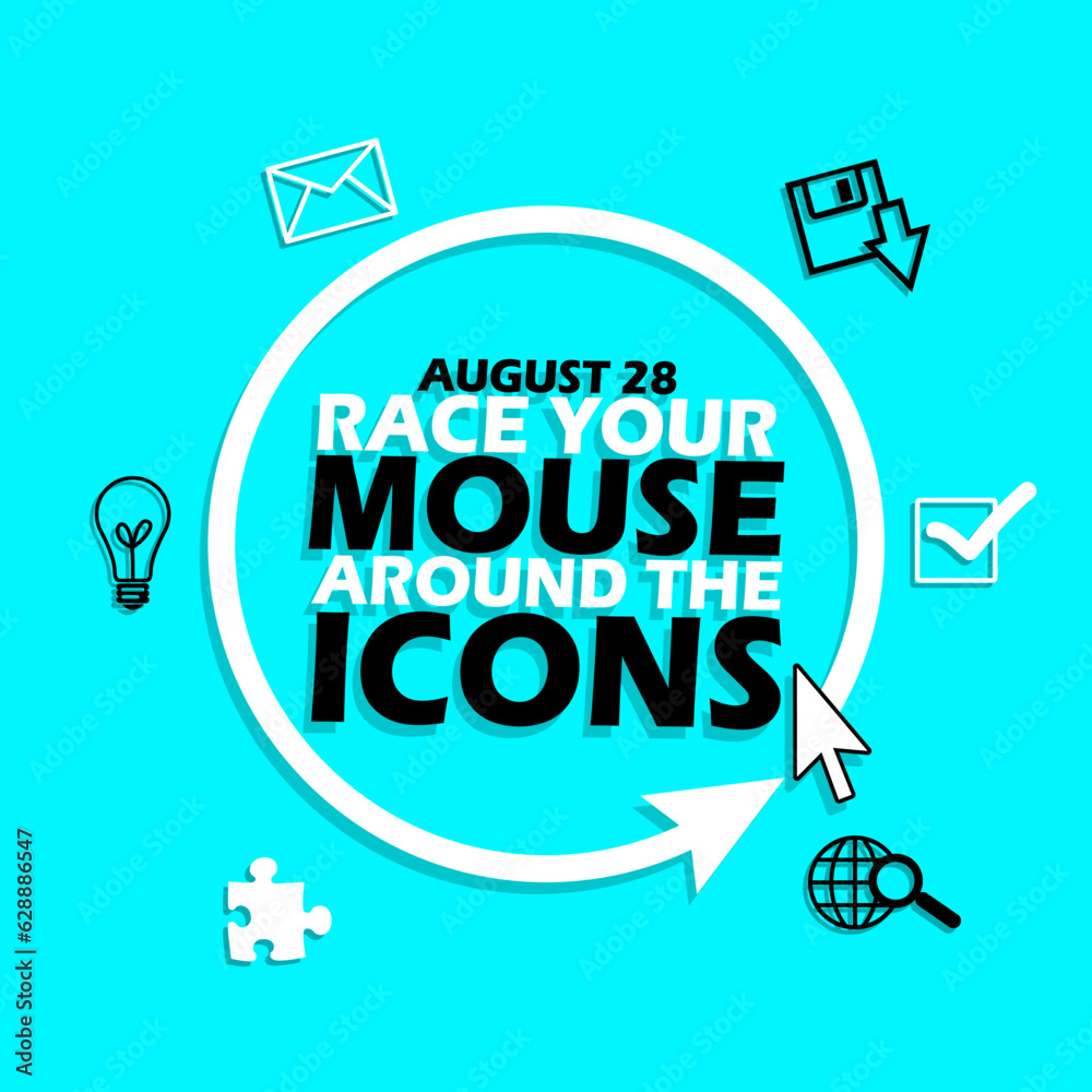 Naklejka premium Mouse icon surrounding Bold text with other icons on light blue background to commemorate Race Your Mouse Around the Icons Day on August 28