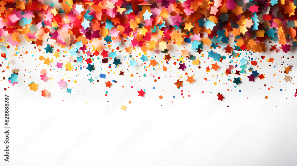 Colorful star-shaped and round confetti isolated on white background. Falling confetti with copy space. Concept of celebration, party or birthday Colorful star-shaped and round confetti isolated on white background. Falling confetti with copy space. Concept of celebration, party or birthday