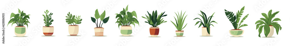 Modern house plants in different clay pots and planters. Home garden vector illustration.