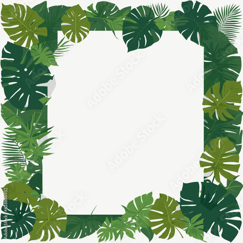 Hoja de papel en blanco rodeada de hojas tropicales