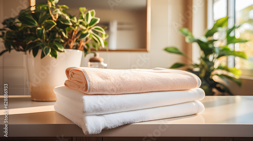 Pile of clean bath towels on a table. Laundry room of a house with a warm and eco atmosphere with natural sunset light.