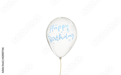 glossy transparent balloon with light blue happy birthday text upright 3D CAD rendering isolated