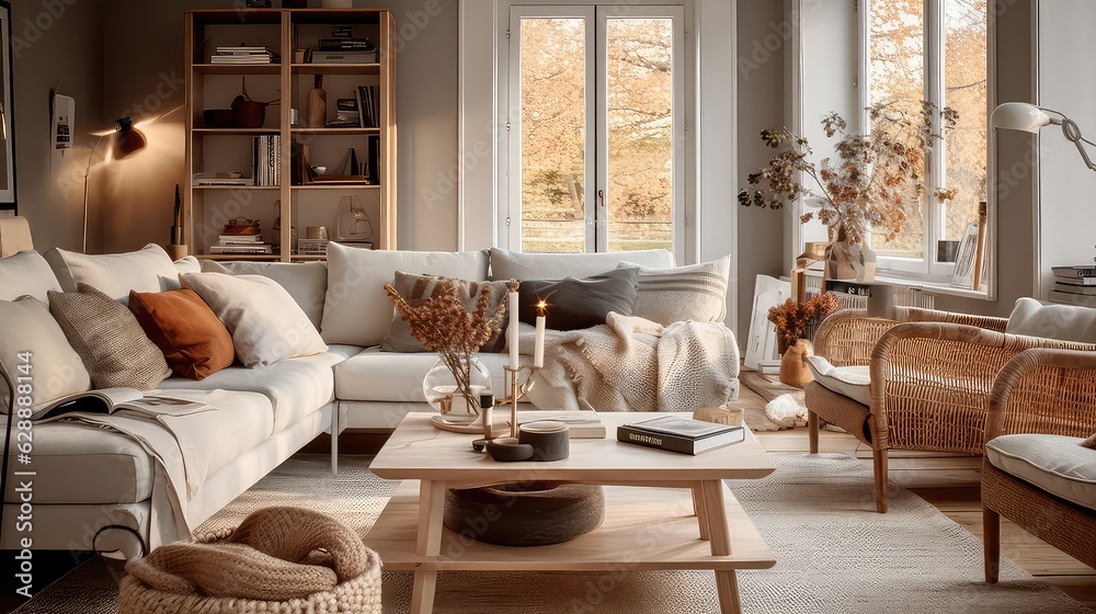 AI generated illustration of A living room is designed with a modern aesthetic AI generated illustration of A living room is designed with a modern aesthetic