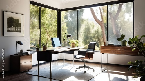 AI generated illustration of A contemporary office workspace with a large window