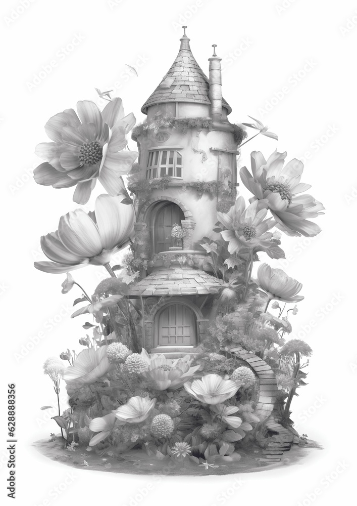 AI generated illustration of a magnificent castle with flowers in the foreground