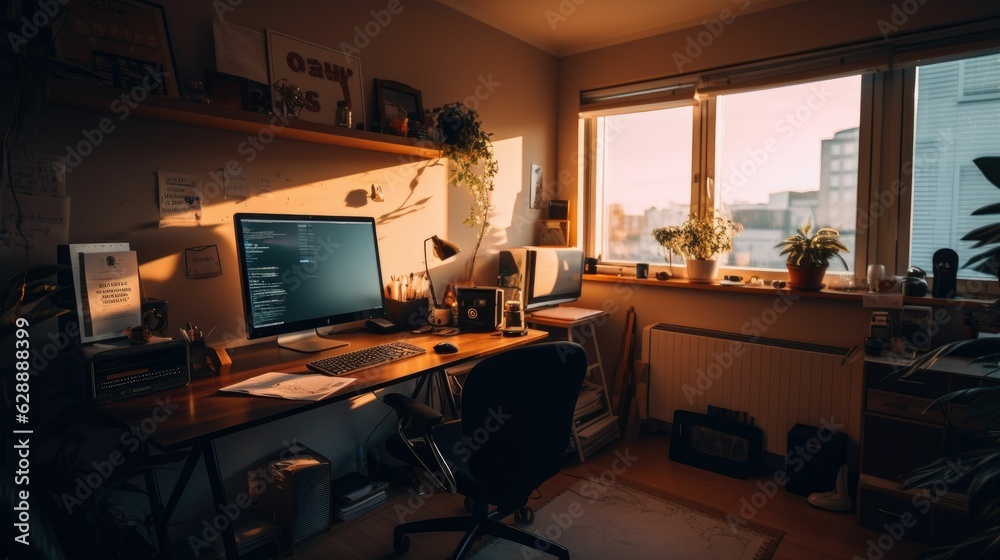 AI generated illustration of a computer on a desk illuminated by natural light AI generated illustration of a computer on a desk illuminated by natural light