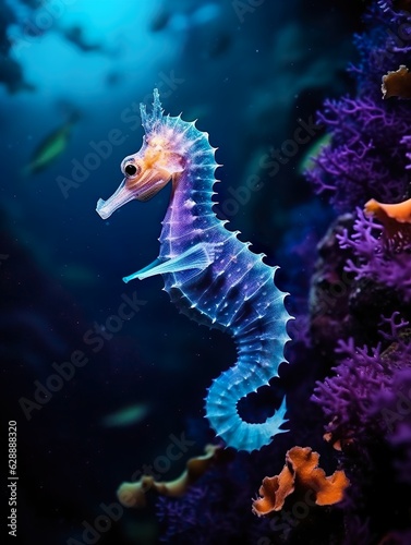 AI generated illustration of a blue seahorse in an aquarium with a blurry background © Ke Hong Ming/Wirestock Creators