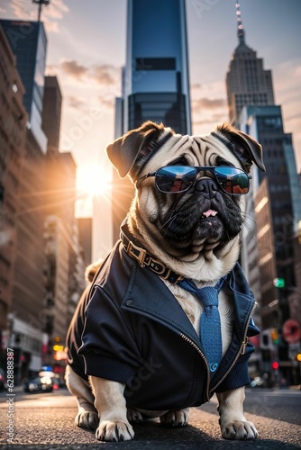 AI generated illustration of A dog wearing sunglasses and a tie while standing on a sidewalk