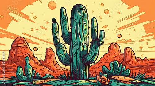 AI-generated illustration of a desert featuring cactus plants on an orange gradient backdrop.