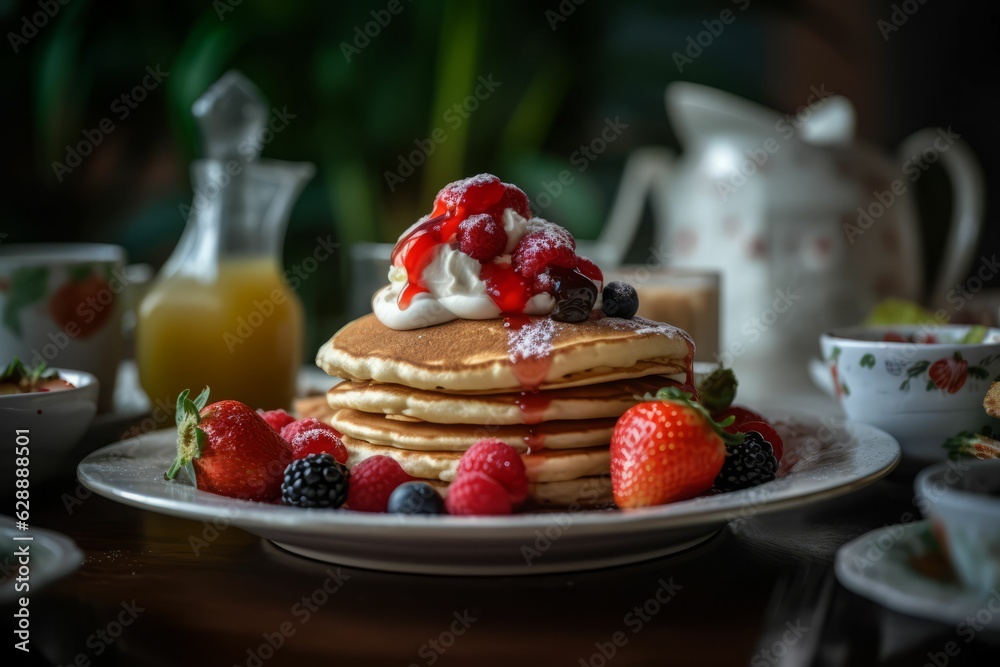AI generated illustration of a plate of freshly-prepared pancakes topped with fruits AI generated illustration of a plate of freshly-prepared pancakes topped with fruits