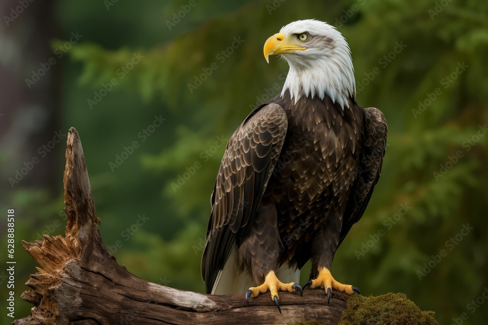 Naklejka premium AI generated illustration of a majestic bald eagle perched on a log in a serene woodland