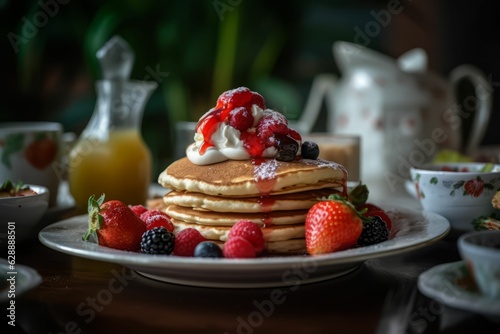 AI generated illustration of a plate of freshly-prepared pancakes topped with fruits