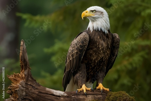 AI generated illustration of a majestic bald eagle perched on a log in a serene woodland
