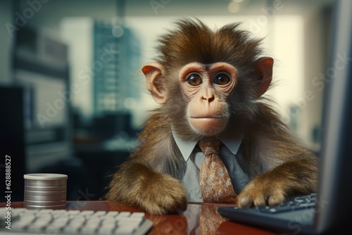 AI generated illustration of a chimpanzee in a suit sitting at a desk in an office © Wade Mcmaster/Wirestock Creators