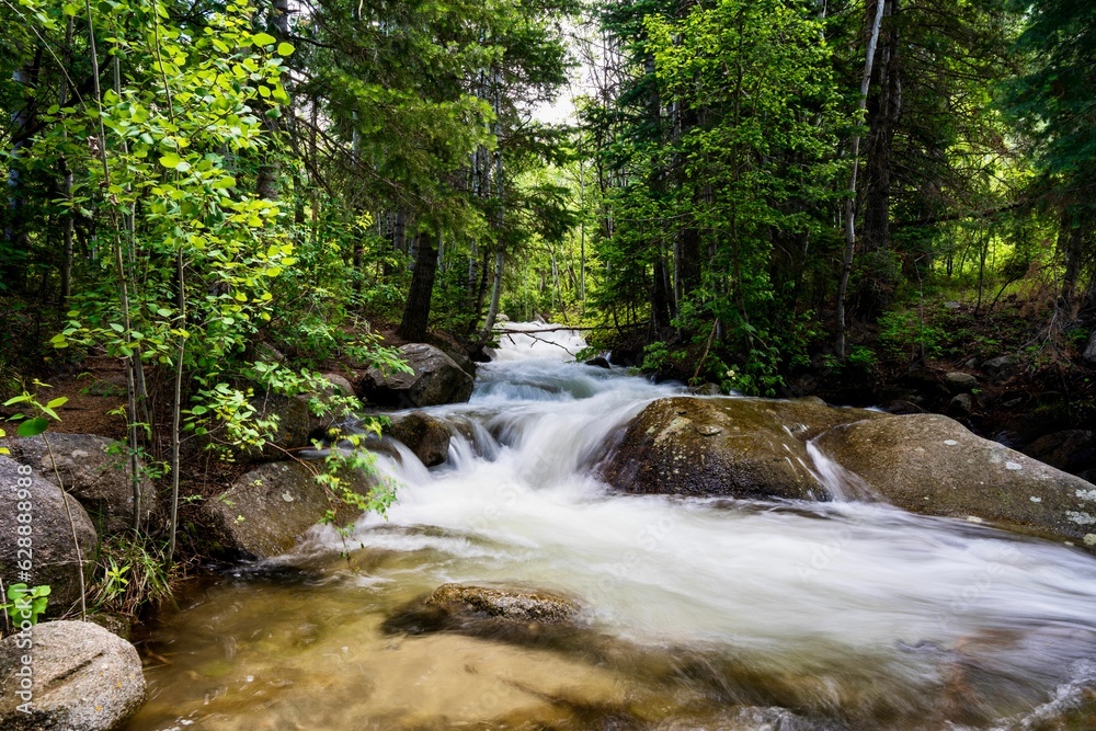 Tranquil stream flows through a picturesque landscape with large rocks and trees Tranquil stream flows through a picturesque landscape with large rocks and trees