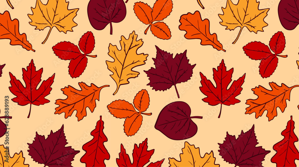 Seamless pattern of autumn colourful leaves on beige background. Fall forest backdrop. Seamless pattern of autumn colourful leaves on beige background. Fall forest backdrop.