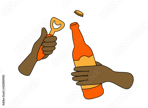 Hands with beer bottle and bottle opener. 