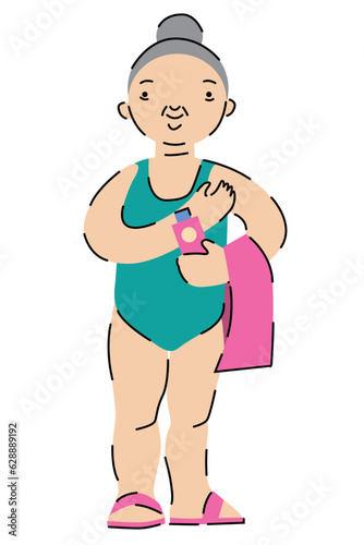 Older lady in green swimsuit with sunscreen cream. Retirement woman in a beach outfit. Sun protection for old people. 
