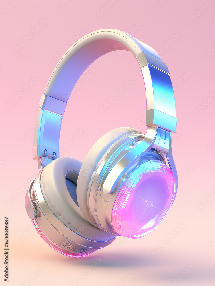 Round headphones in metallic purple color isolated on a flat pastel light background with copy space. UI Music, 3d render icon illustration. Round headphones in metallic purple color isolated on a flat pastel light background with copy space. UI Music, 3d render icon illustration.