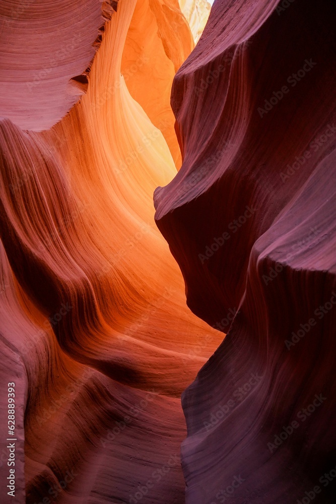 Stunning view of a weathered sandstone rock wall in Antelope Canyon. Arizona, USA.