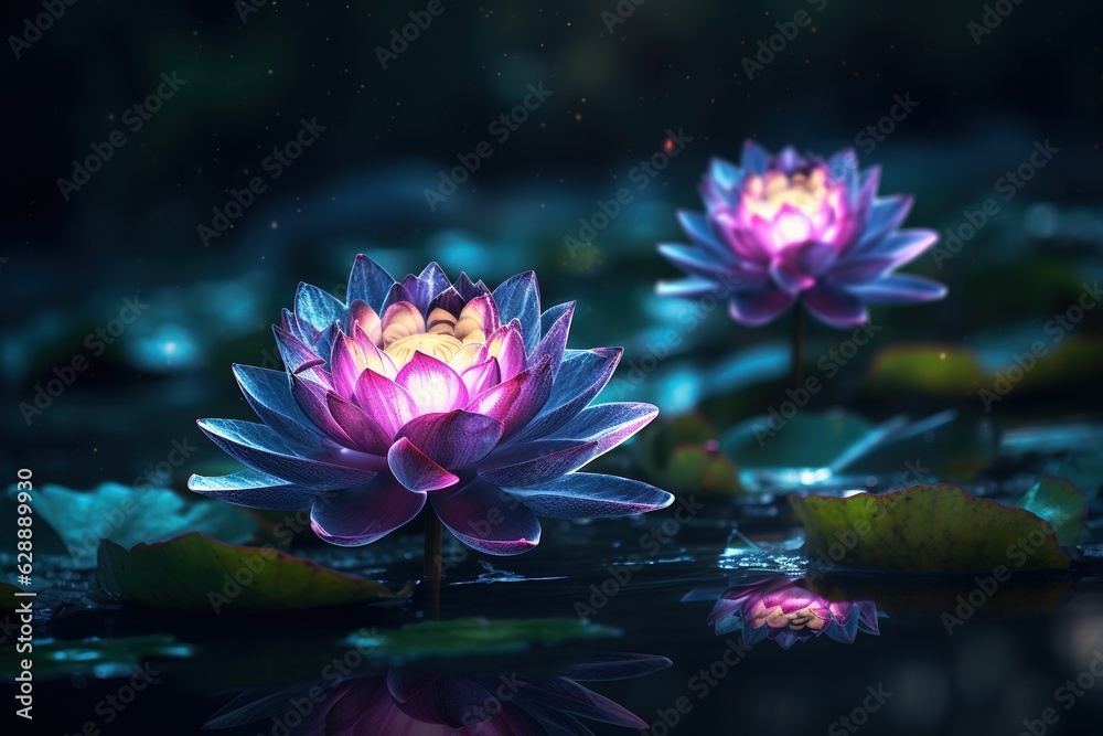 Beautiful pink water lily or lotus flower on dark background.Generative Ai