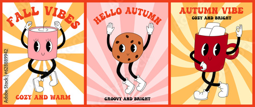 Set 70s, 80s groovy posters, retro print with hippie candle, cookie, mug. Cartoon psychedelic landscape, vintage funky print. Fall vibes, cozy and warm, hello autumn text.