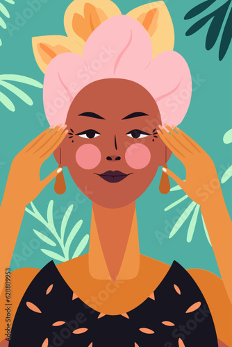 One old beautiful African lady touching her face, massaging, applying serum on her skin. Stylish elderly black woman portrait in an autumn garden. Vector illustration