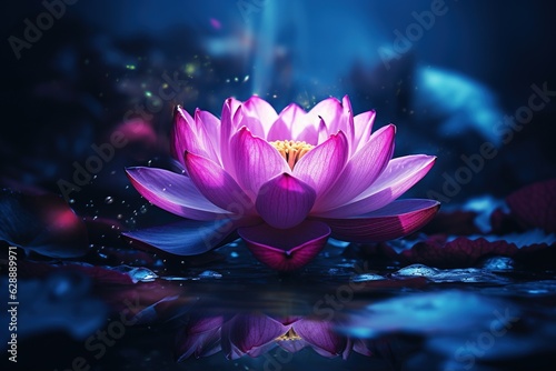 Beautiful pink water lily or lotus flower on dark background.Generative Ai