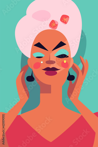Stylish transgender woman posing for a fashion portrait. Male makeup and a wig on a drag queen. Vector illustration