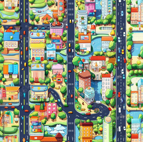 Cityscape with many cute colorful houses from above. City residential district with lots of fun small buildings and roads. AI-generated